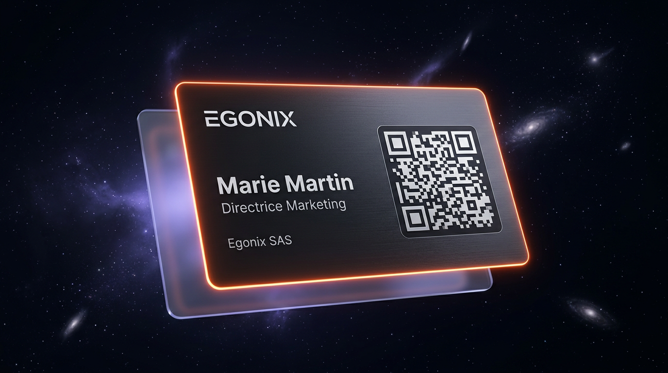 Rendu 3D d’une carte de visite digitale Egonix, bordure orange néon et QR code